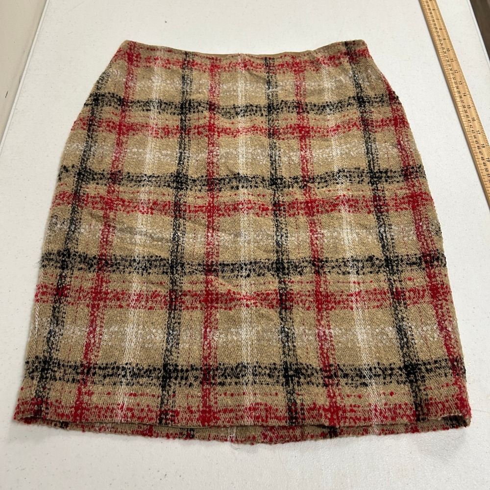 Talbots Plaid Tweed Sequin Pencil Skirt Tan Red Black Size 8 Career Holiday